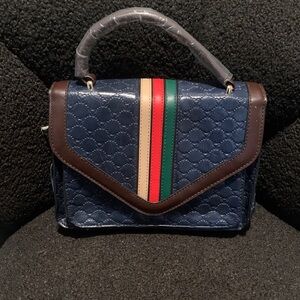 Gucci Navy Quilted Top-Handle Satchel with Red, Beige, and Green Stripes